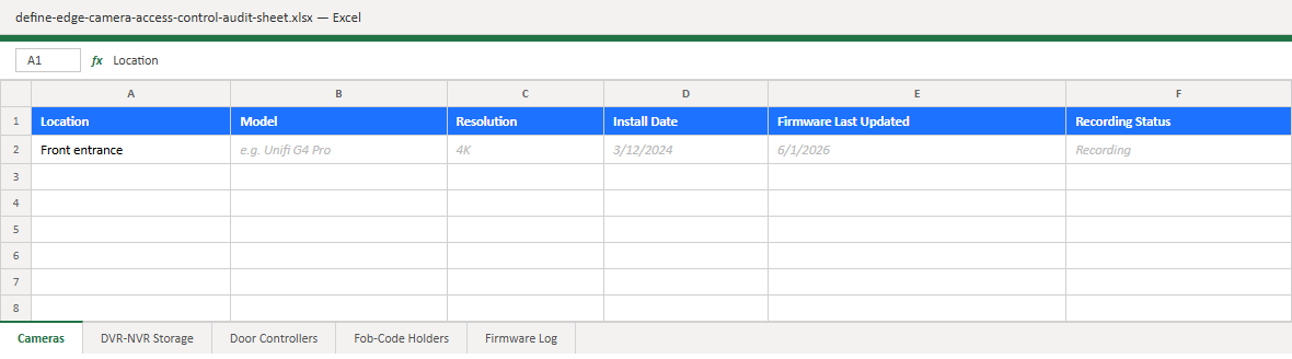 Preview of the Camera & Access Control Audit Sheet Excel workbook, showing the Cameras sheet with columns for Location, Model, Resolution, Install Date, Firmware Last Updated, and Recording Status