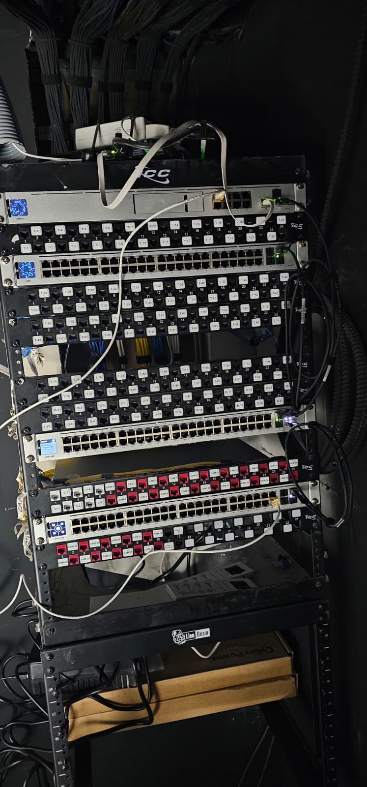 Rack with labeled, color-coded patch panels terminated and switches installed